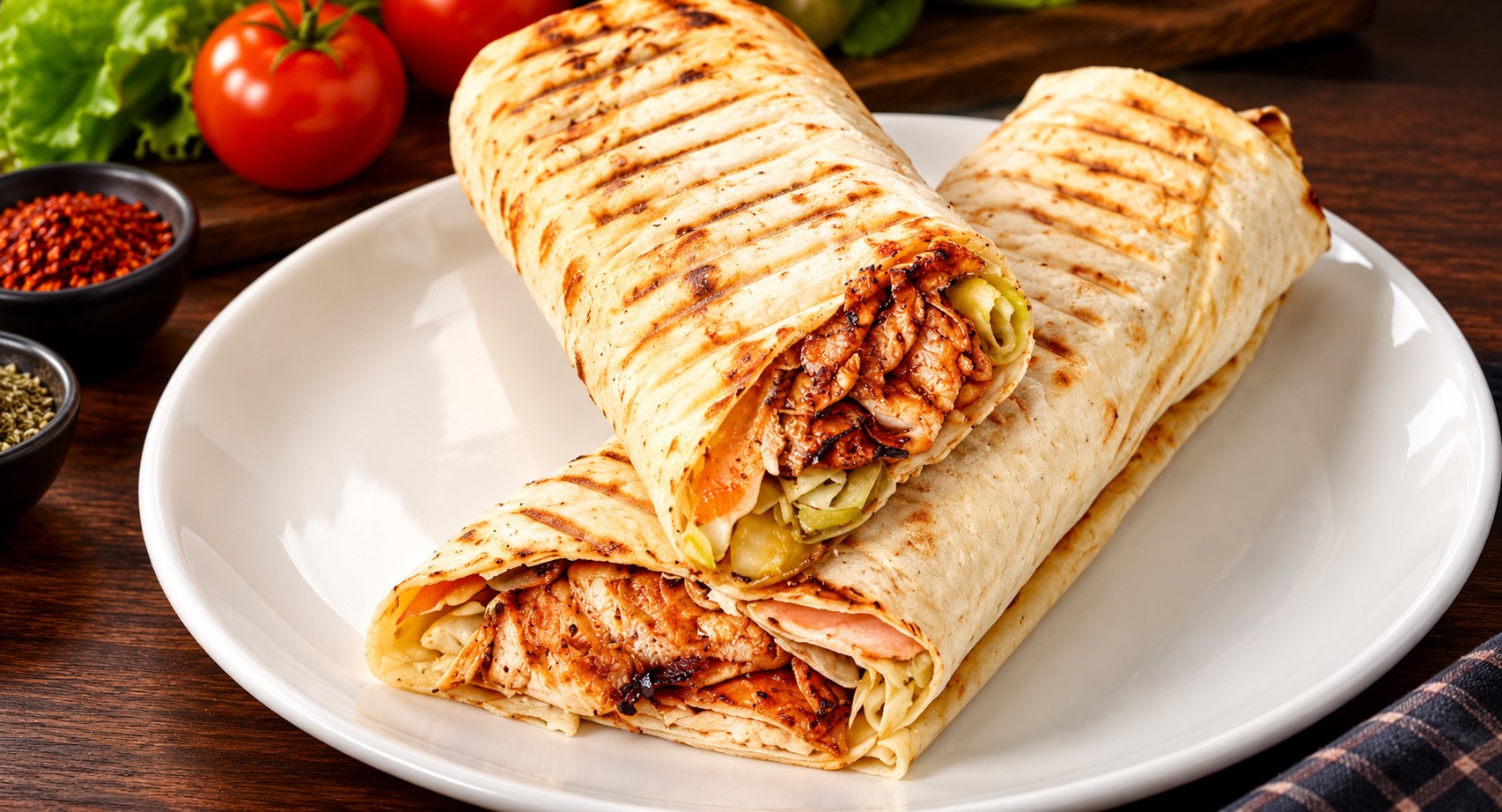 Izgara izli lavaşta sarılmış tavuk döner dürüm