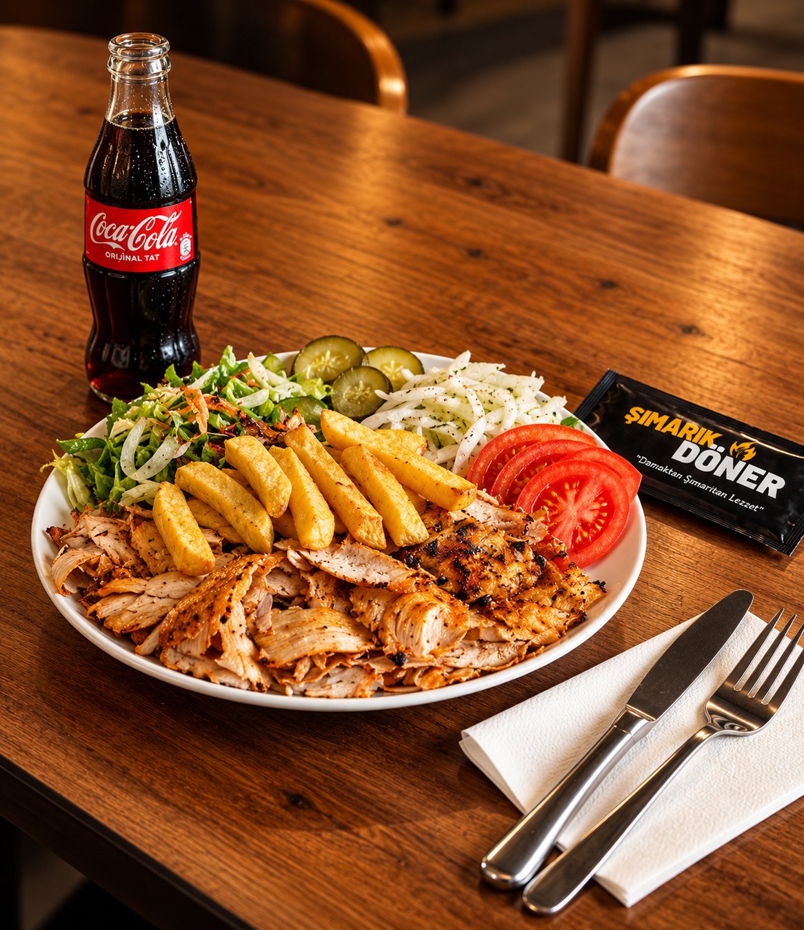 Patates, salata, turşu ve domatesle servis edilen porsiyon tavuk döner